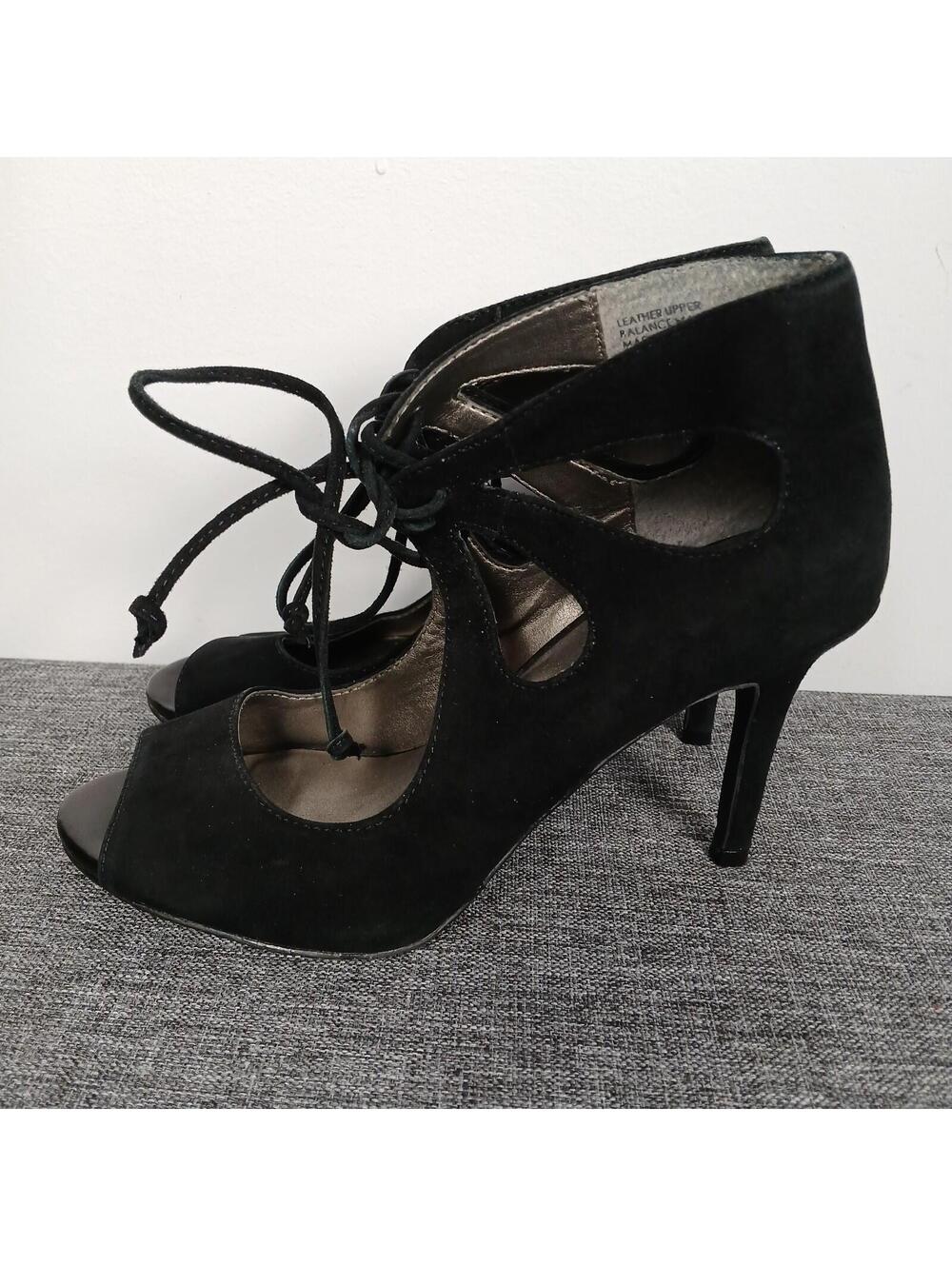 Black Leather Lace Up Heels Peep Toe Stiletto Womens Size 6 Cut Out Pumps